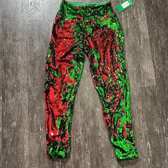 Tipsy Elves Womens Reversable Sequins Christmas Pants Green Red Party Size S - Picture 2 of 4